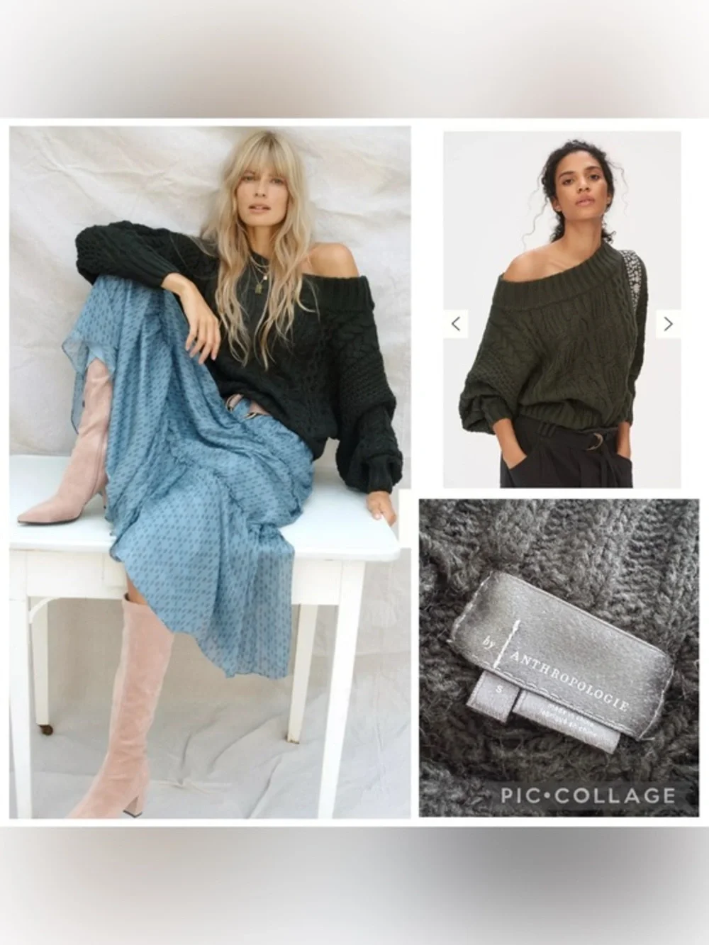 Anthropologie Melissa Off-the-Shoulder Cable Knit Sweater in Dark Olive size S